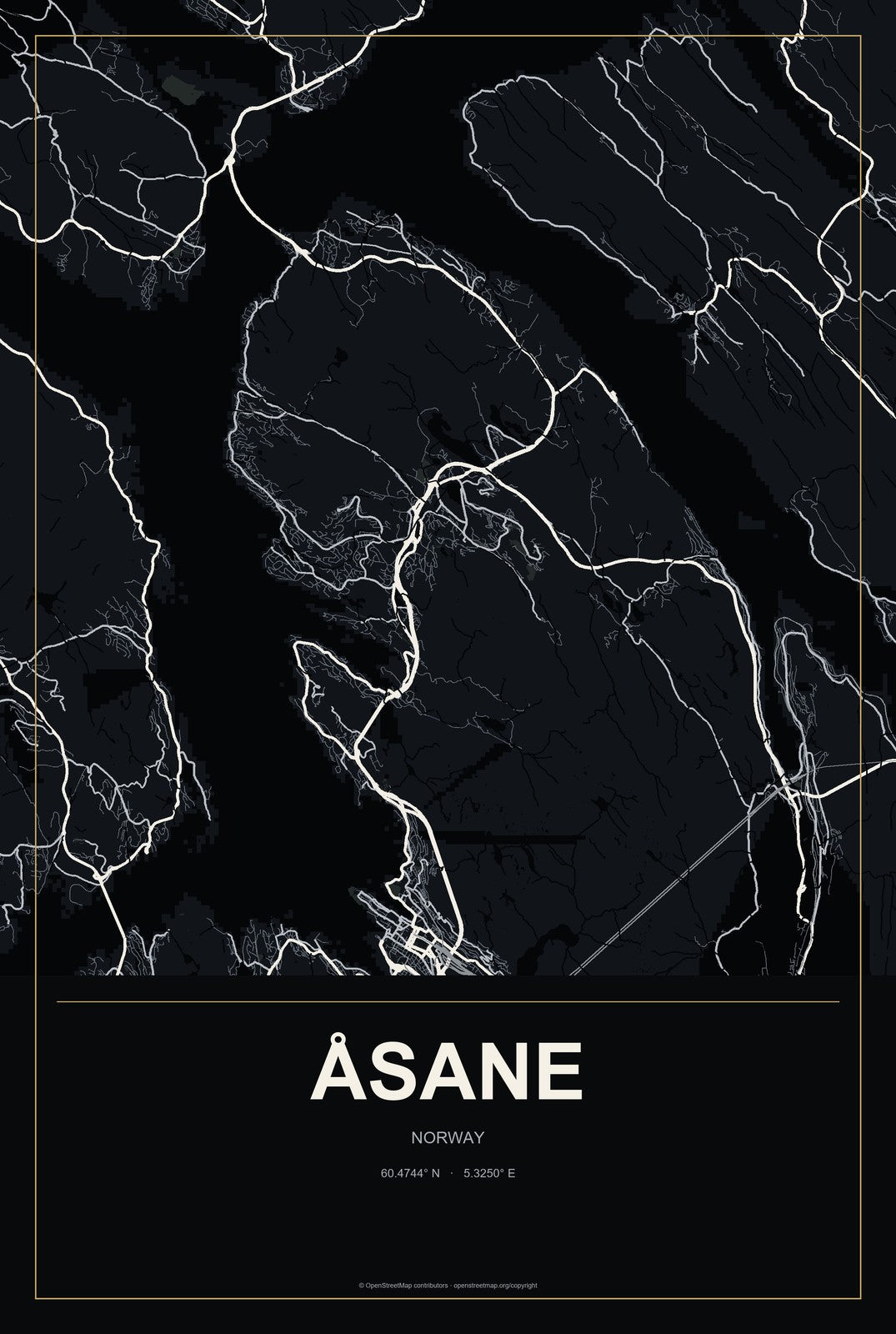 Åsane, Norway City Map Aluminum Sign in Metropolitan Noir style