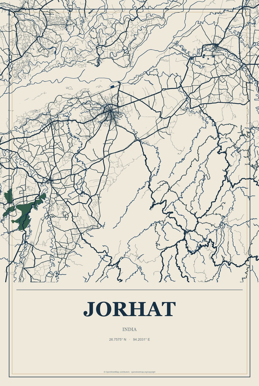 Jorhat, India City Map Aluminum Sign in Coastal Cutout style