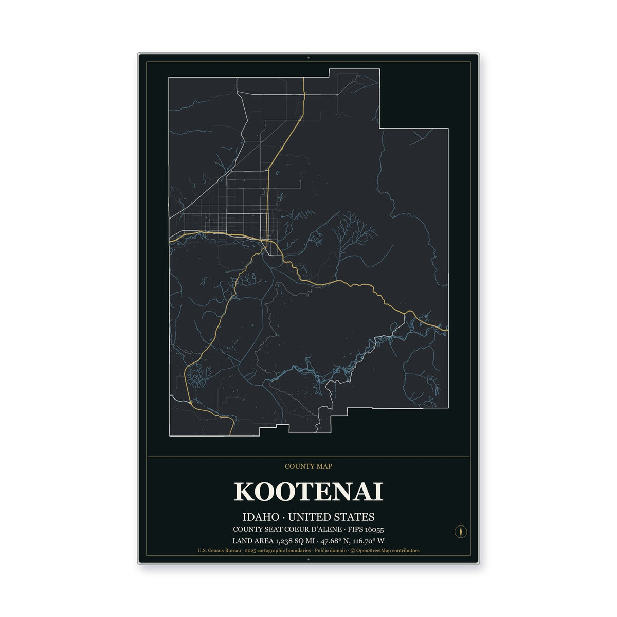 Kootenai County, Idaho Map Aluminum Sign in Metropolitan Noir style