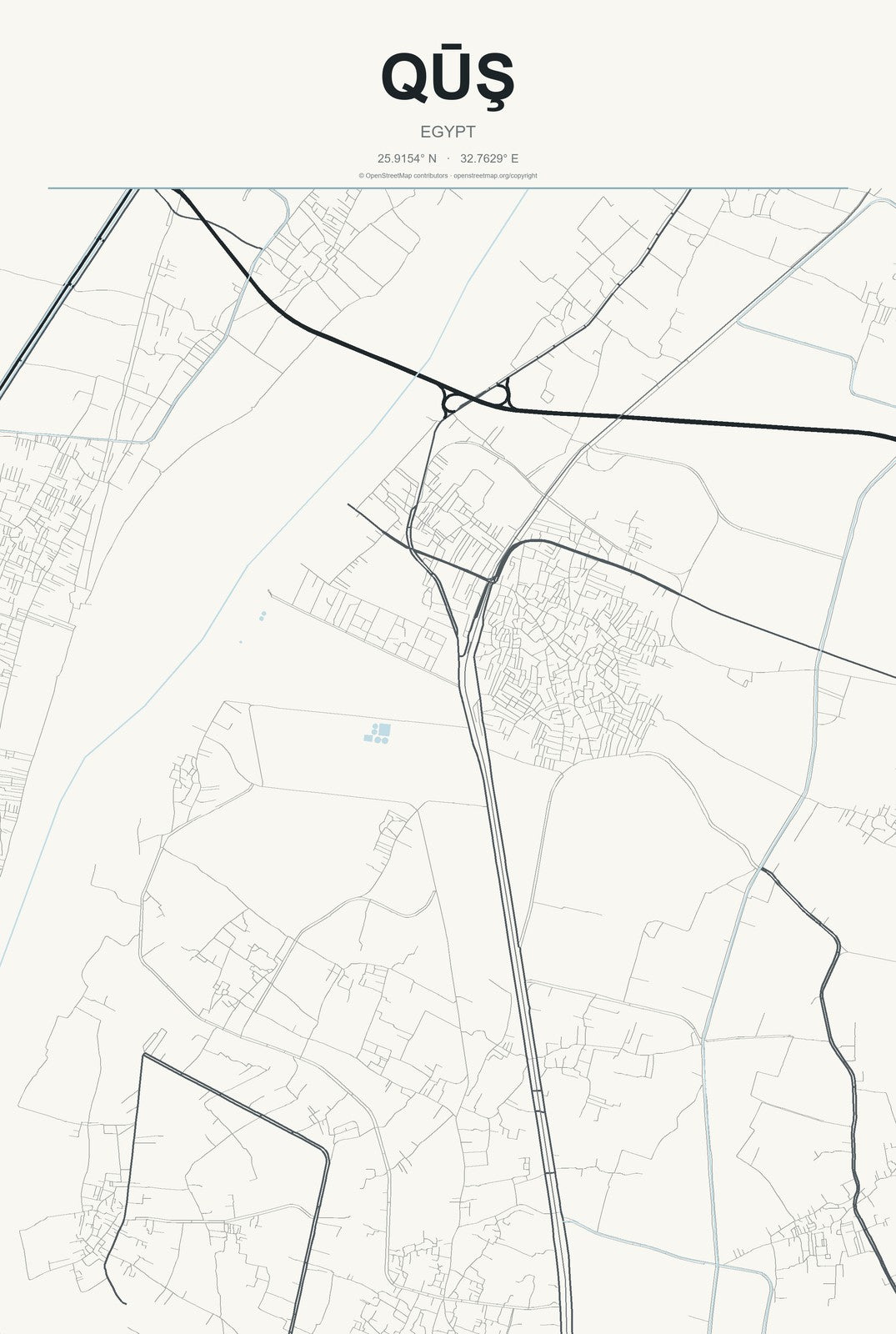 Qūş, Egypt City Map Aluminum Sign in Headline Atlas style
