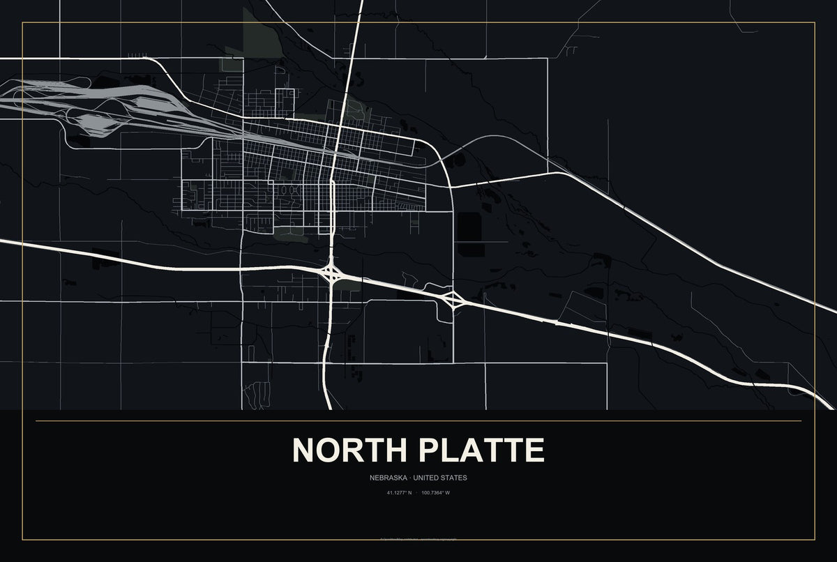 North Platte, Nebraska City Map Aluminum Sign in Metropolitan Noir style