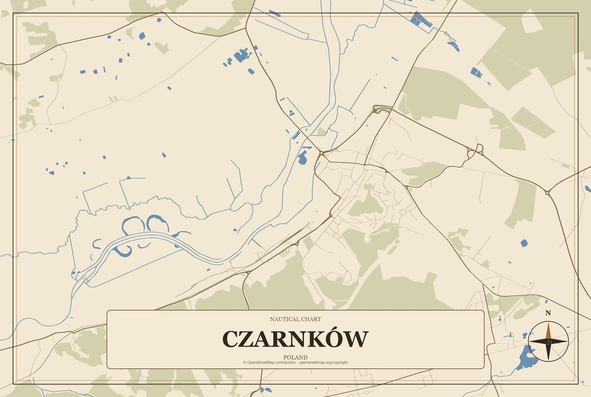 Czarnków, Poland City Map Aluminum Sign in Heritage Nautical style