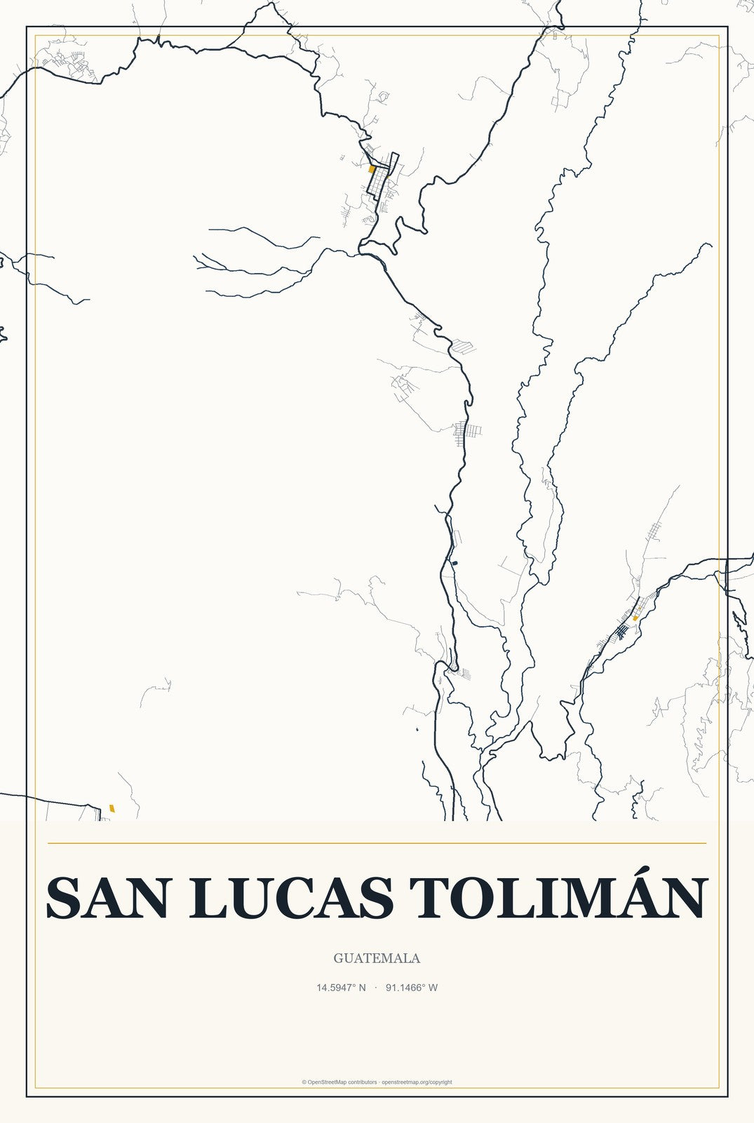 San Lucas Tolimán, Guatemala City Map Aluminum Sign in Citrine Modern style