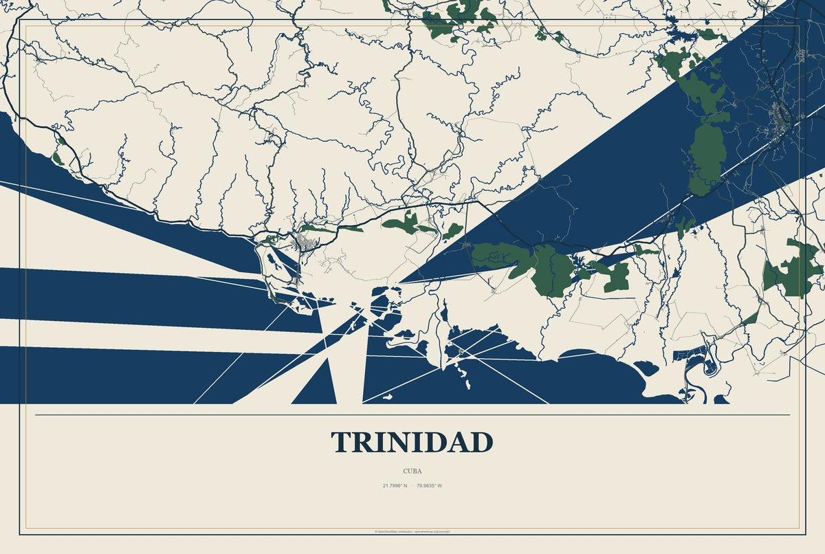 Trinidad, Cuba City Map Aluminum Sign in Coastal Cutout style