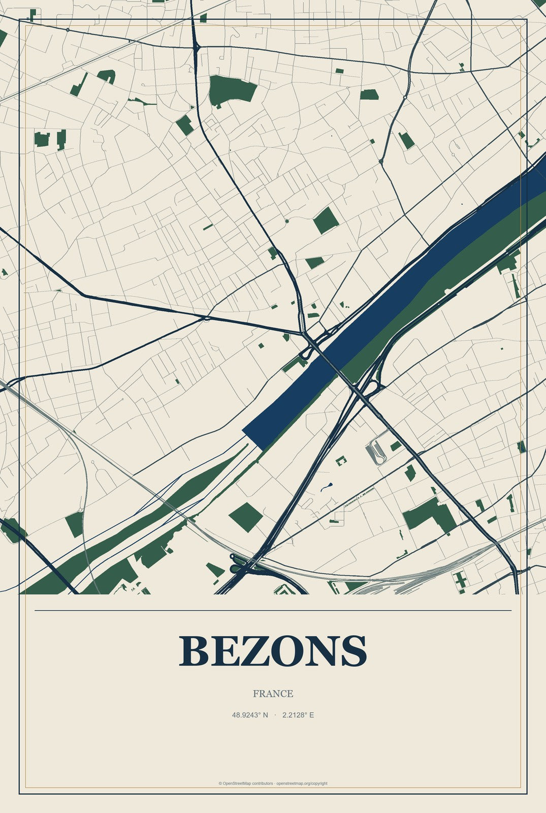 Bezons, France City Map Aluminum Sign in Coastal Cutout style