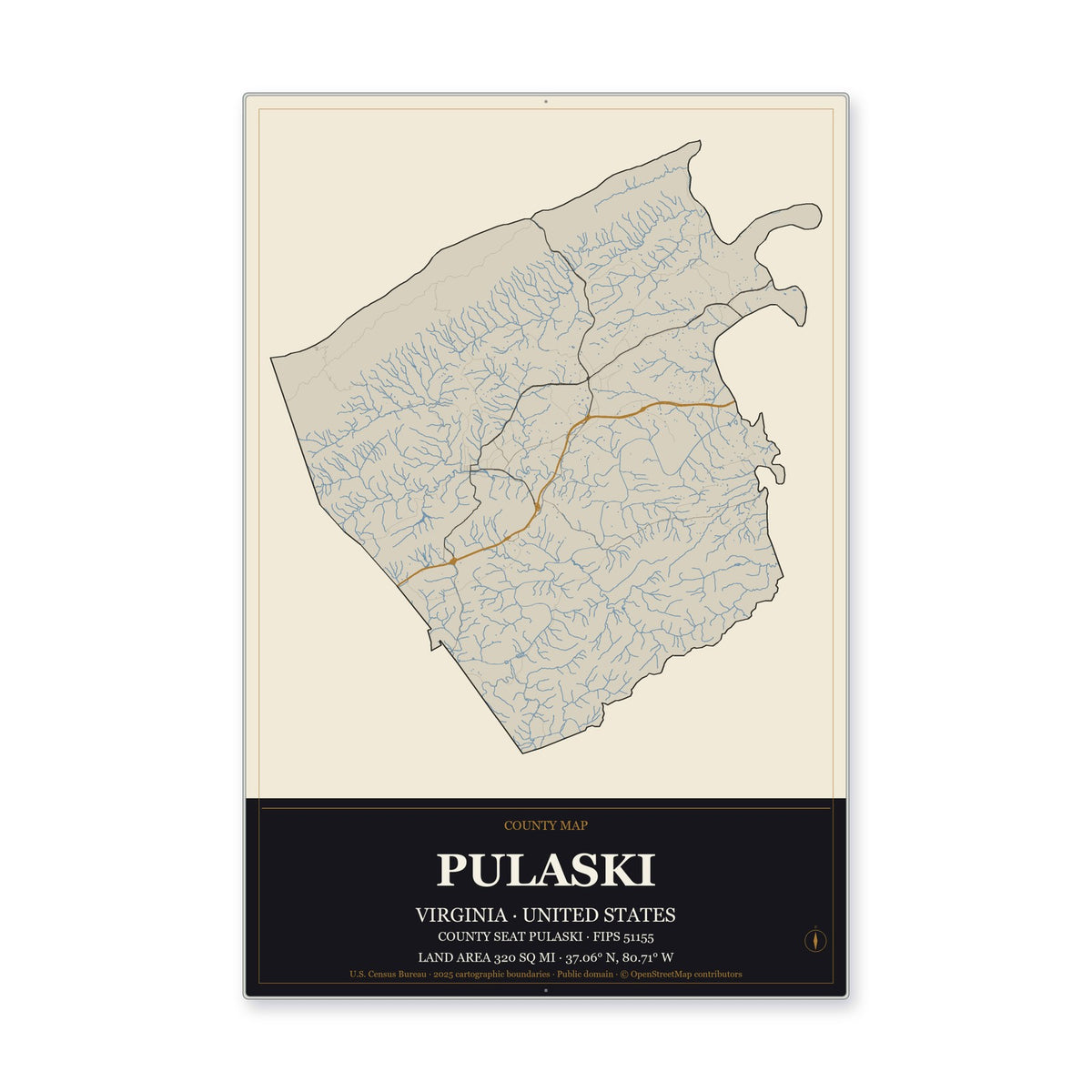 Pulaski County, Virginia Map Aluminum Sign in Museum Plaque style