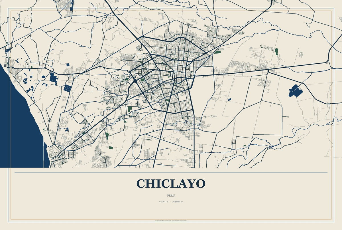 Chiclayo, Peru City Map Aluminum Sign in Coastal Cutout style