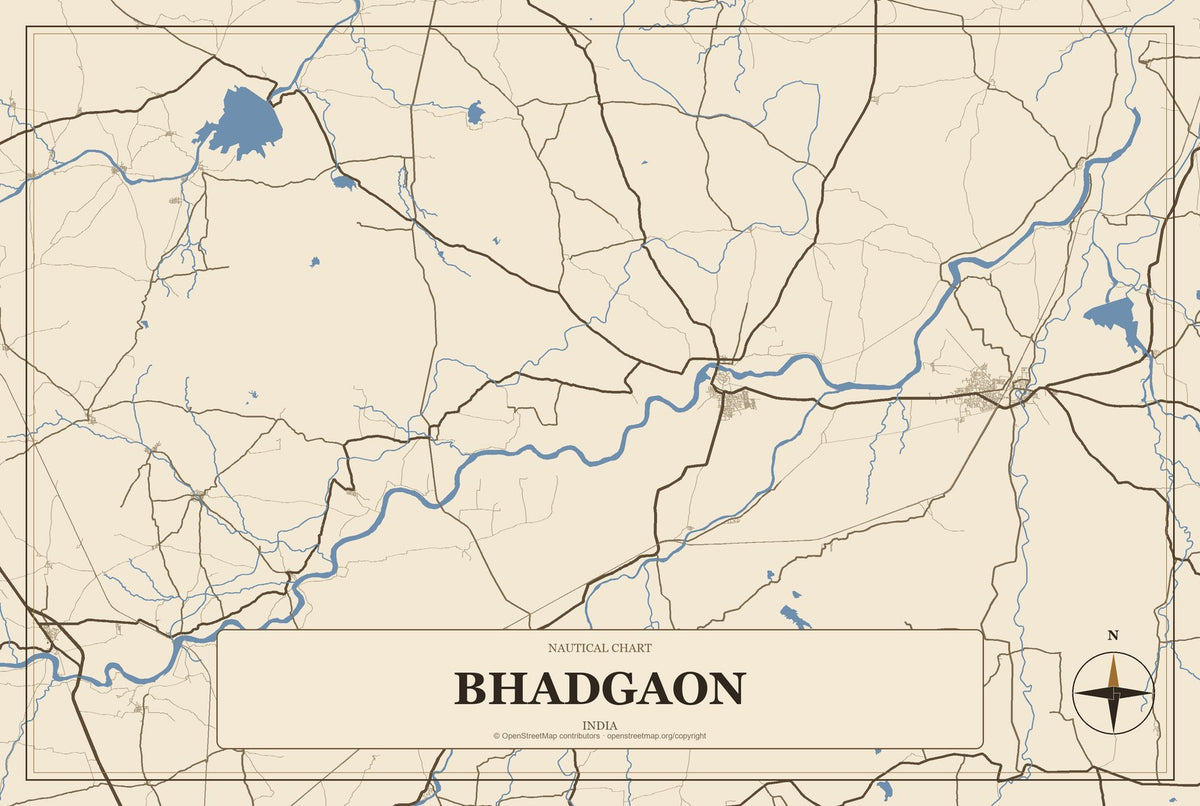 Bhadgaon, India City Map Aluminum Sign in Heritage Nautical style