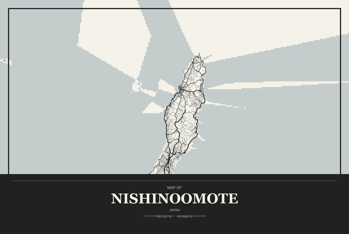 Nishinoomote, Japan City Map Aluminum Sign in Museum Plaque style