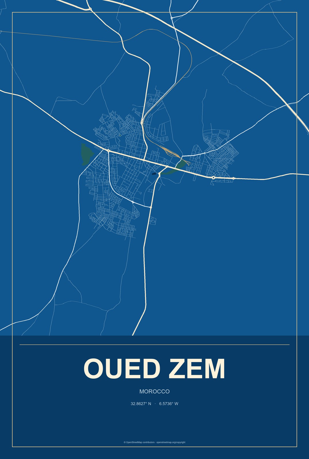 Oued Zem, Morocco City Map Aluminum Sign in Harbor Cobalt style
