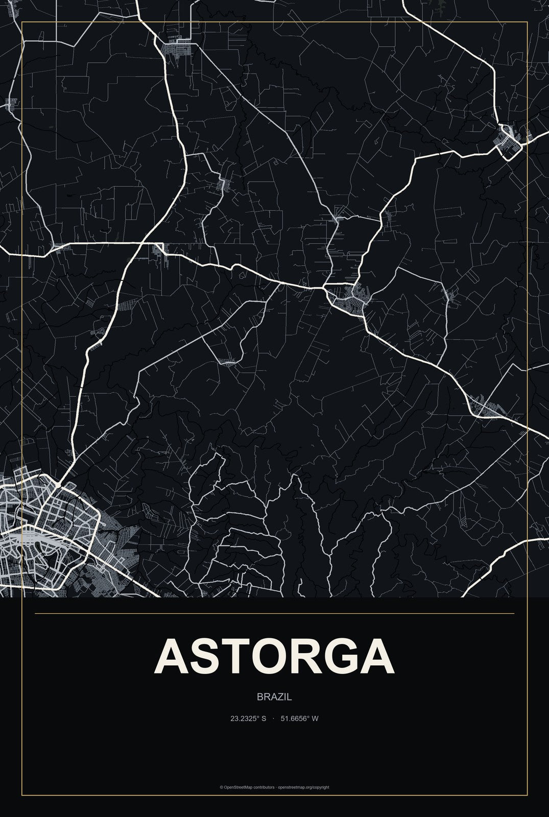 Astorga, Brazil City Map Aluminum Sign in Metropolitan Noir style