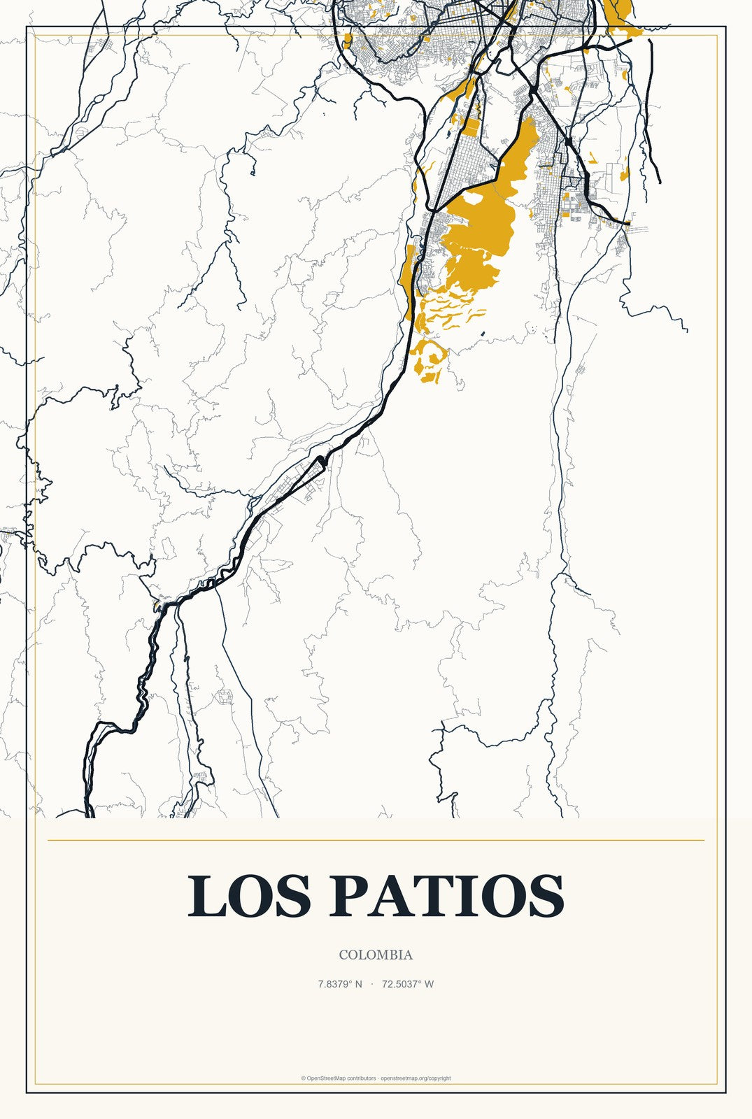Los Patios, Colombia City Map Aluminum Sign in Citrine Modern style