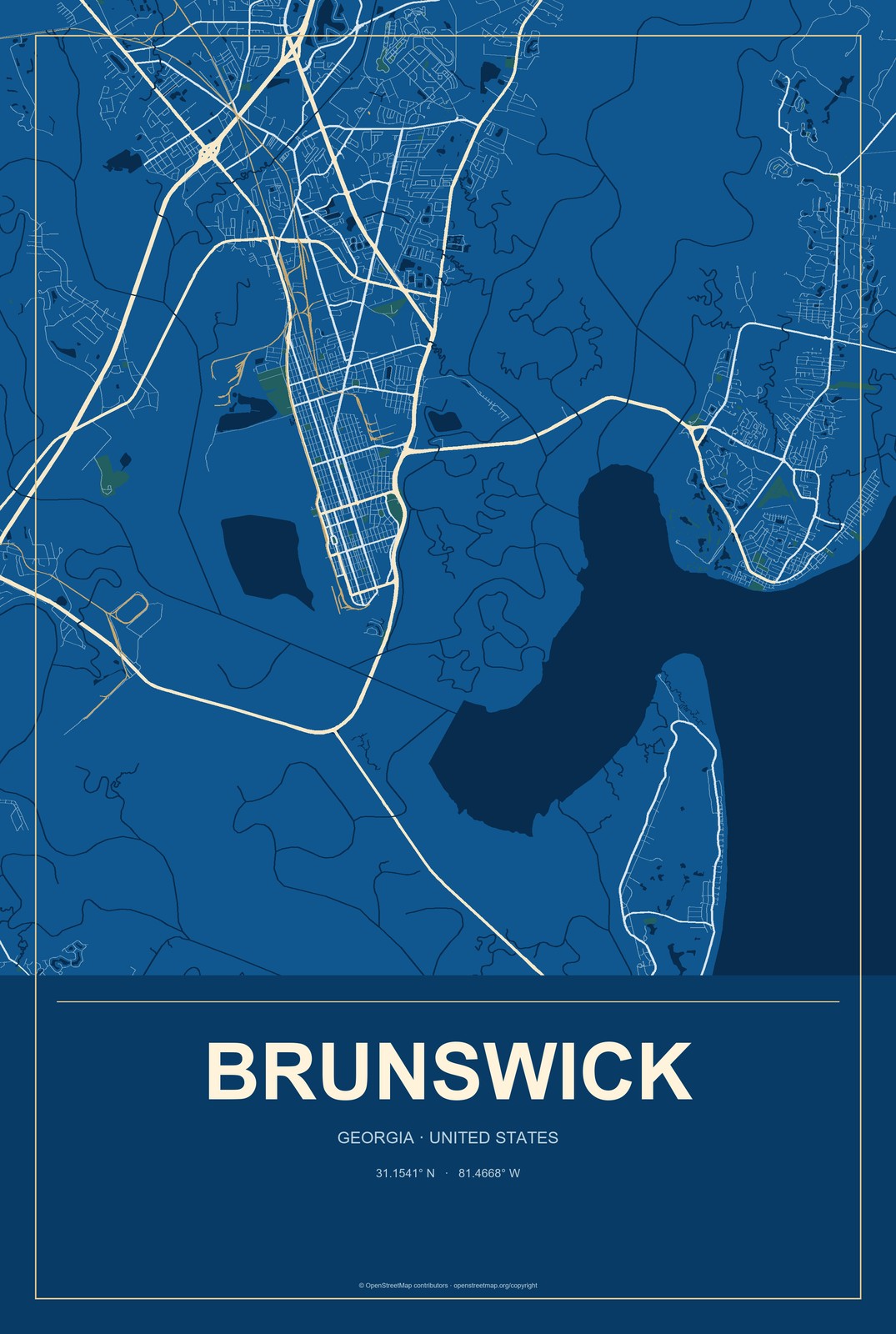 Brunswick, Georgia City Map Aluminum Sign in Harbor Cobalt style