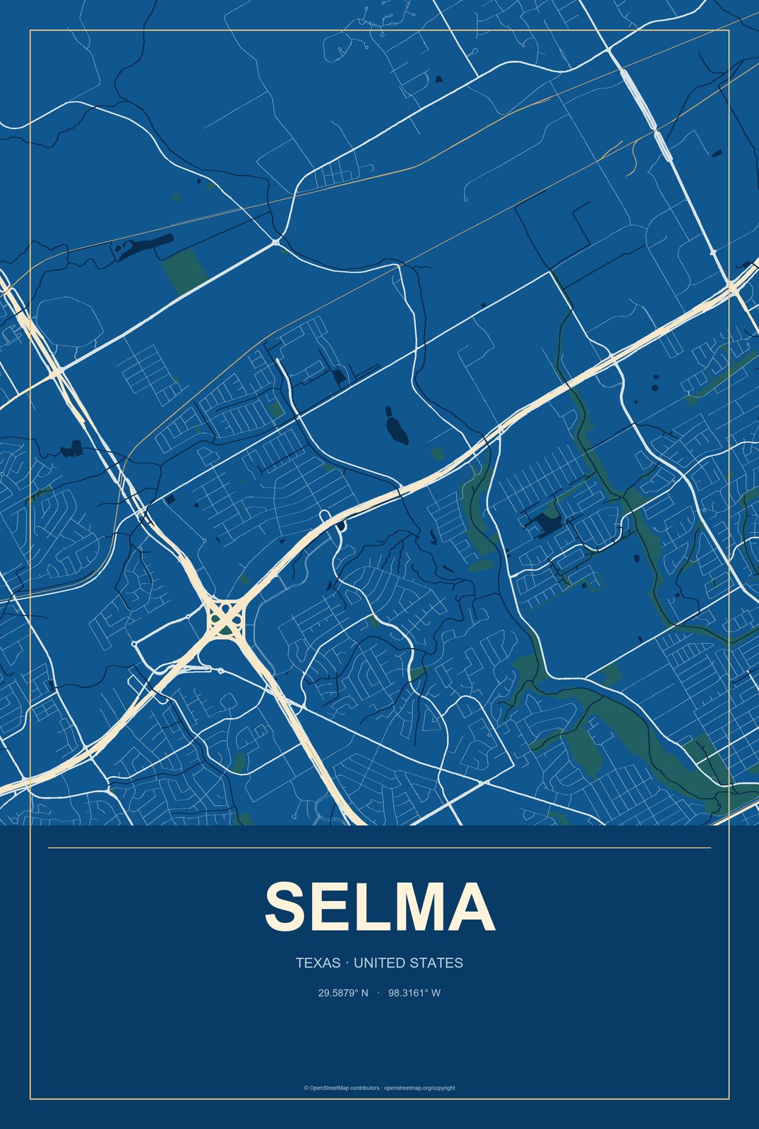 Selma, Texas City Map Aluminum Sign in Harbor Cobalt style