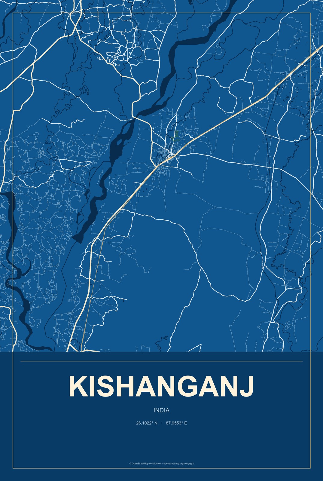 Kishanganj, India City Map Aluminum Sign in Harbor Cobalt style