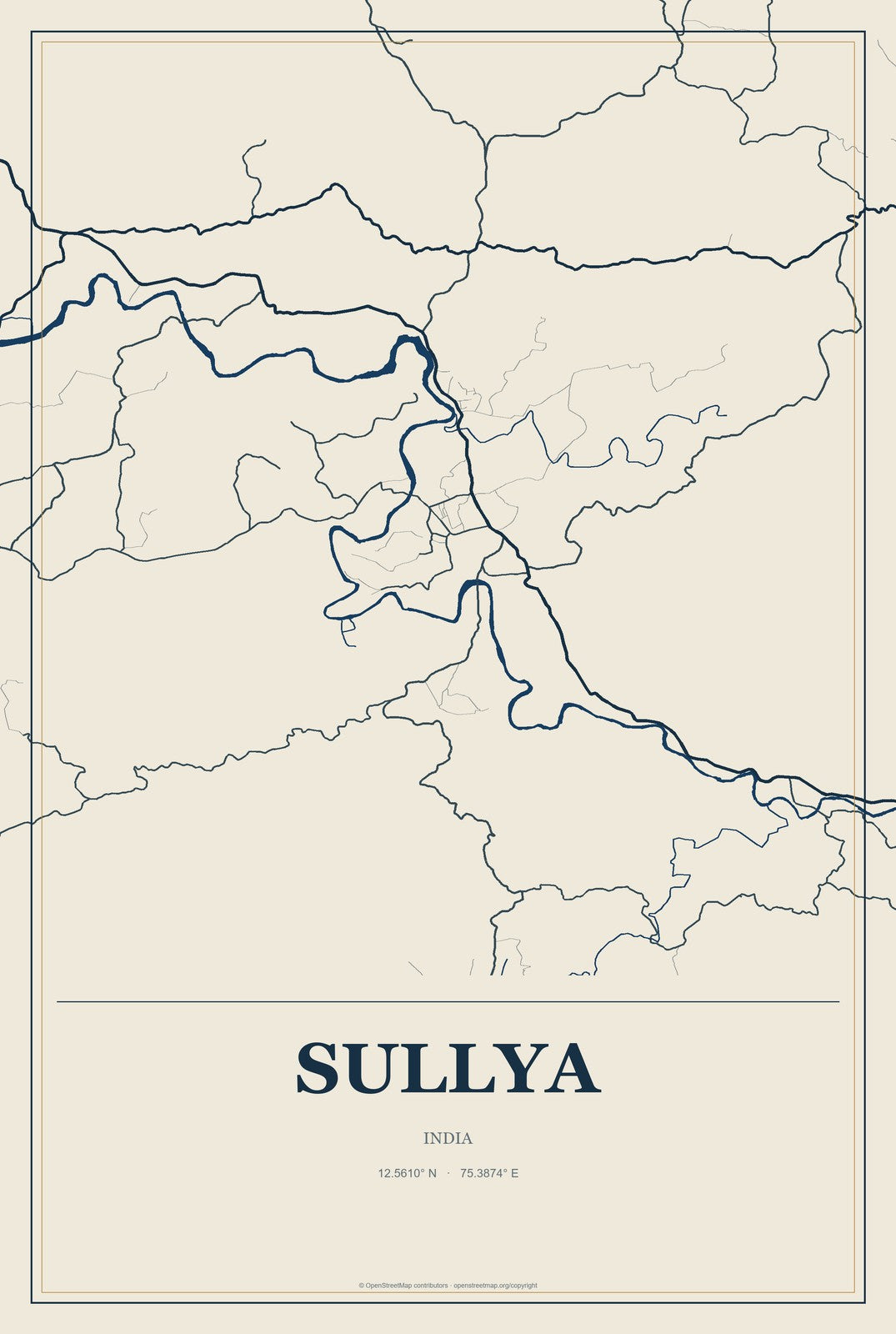 Sullya, India City Map Aluminum Sign in Coastal Cutout style