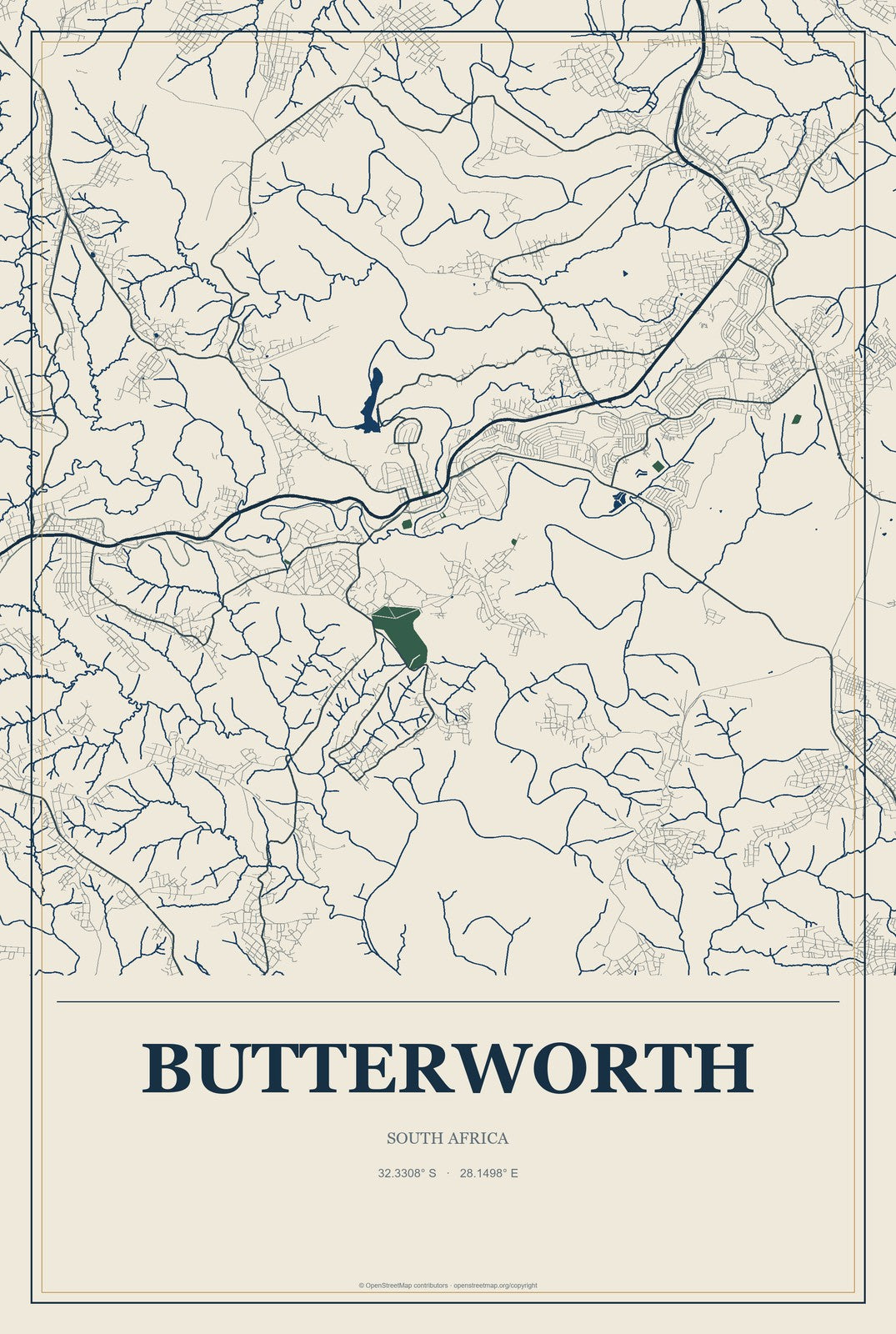 Butterworth, South Africa City Map Aluminum Sign in Coastal Cutout style