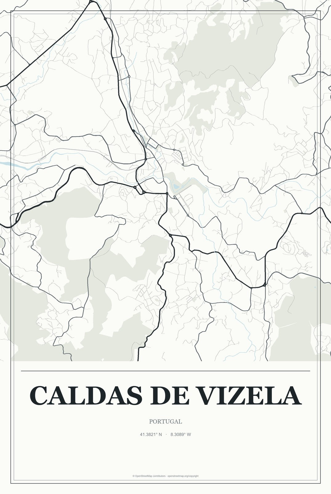 Caldas de Vizela, Portugal City Map Aluminum Sign in Gallery Air style