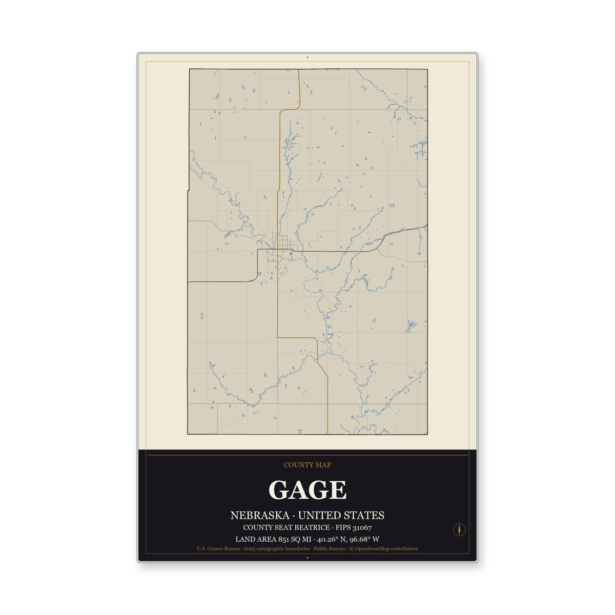 Gage County, Nebraska Map Aluminum Sign in Museum Plaque style