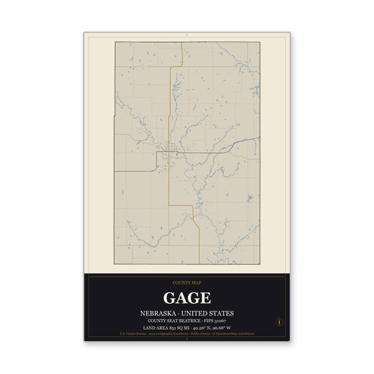 Gage County, Nebraska Map Aluminum Sign in Museum Plaque style