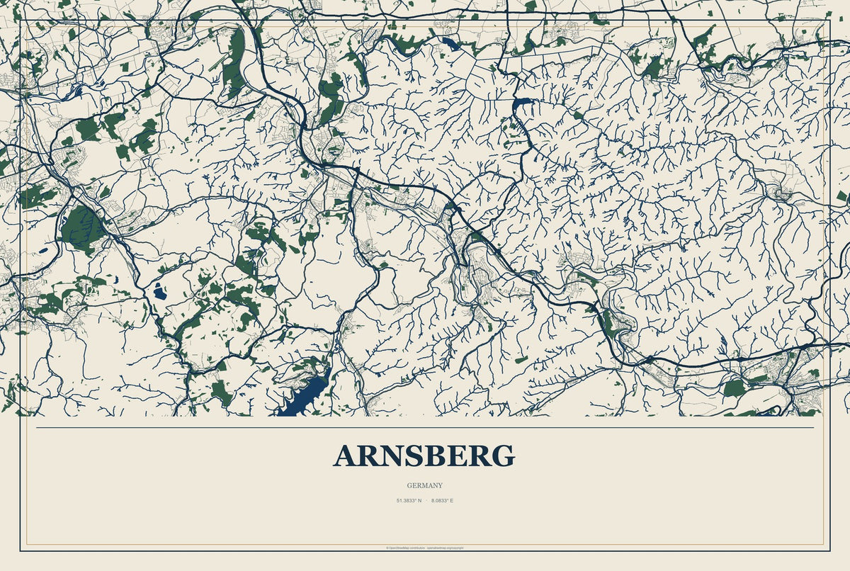 Arnsberg, Germany City Map Aluminum Sign in Coastal Cutout style
