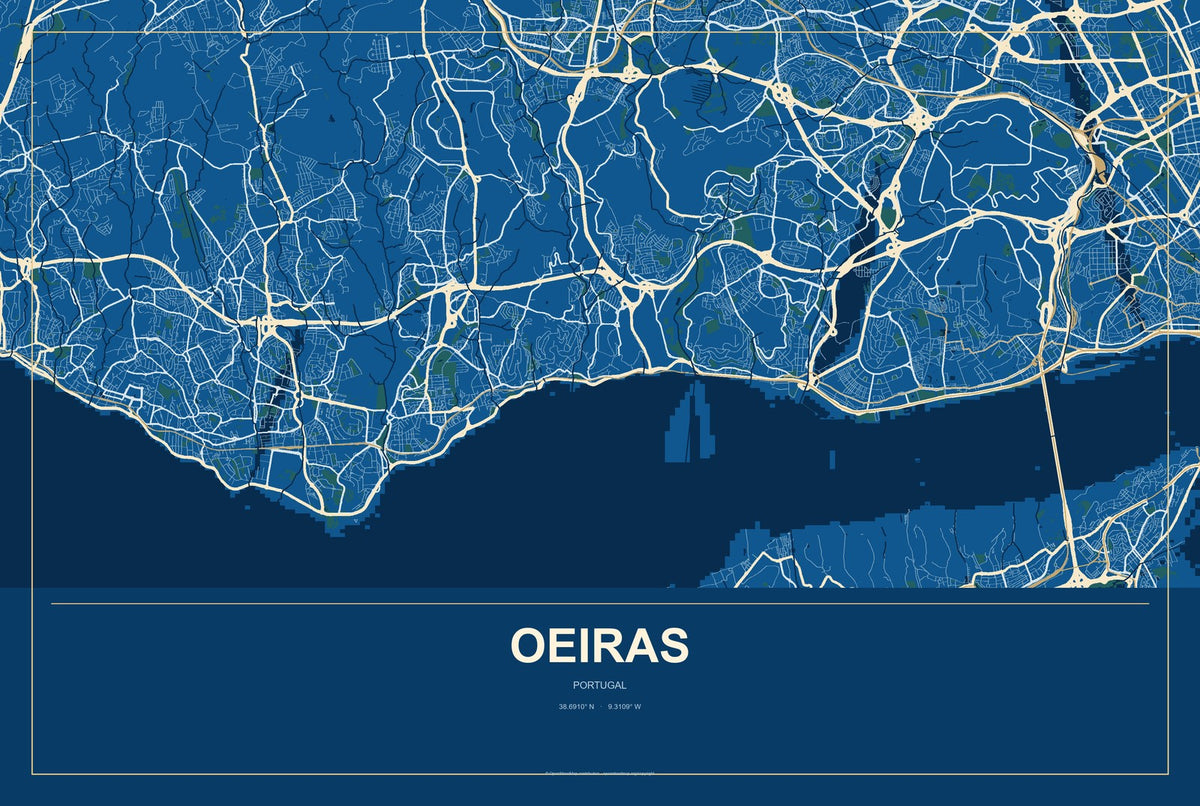Oeiras, Portugal City Map Aluminum Sign in Harbor Cobalt style