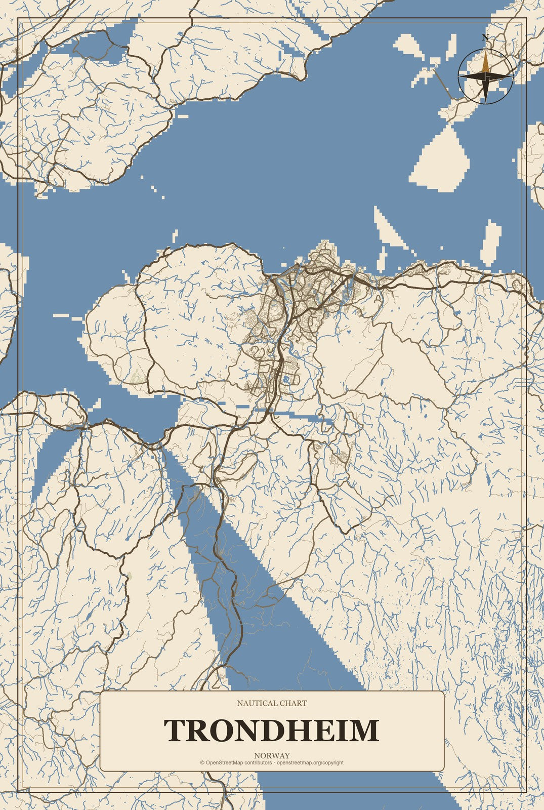 Trondheim, Norway City Map Aluminum Sign in Heritage Nautical style