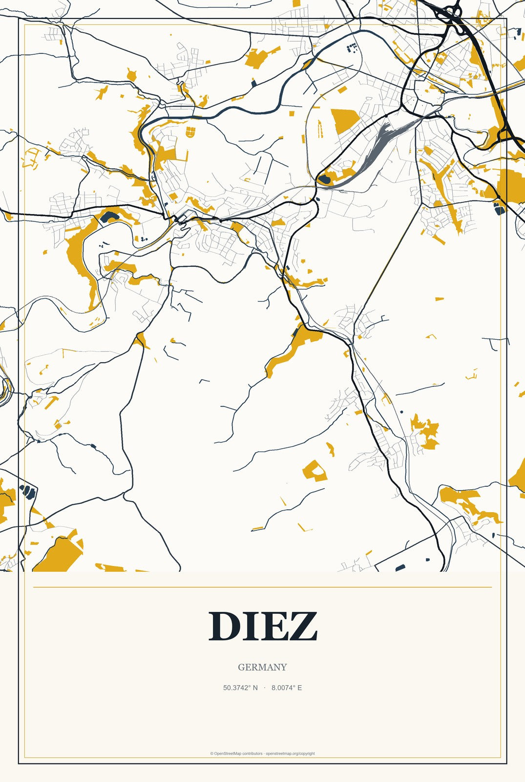 Diez, Germany City Map Aluminum Sign in Citrine Modern style