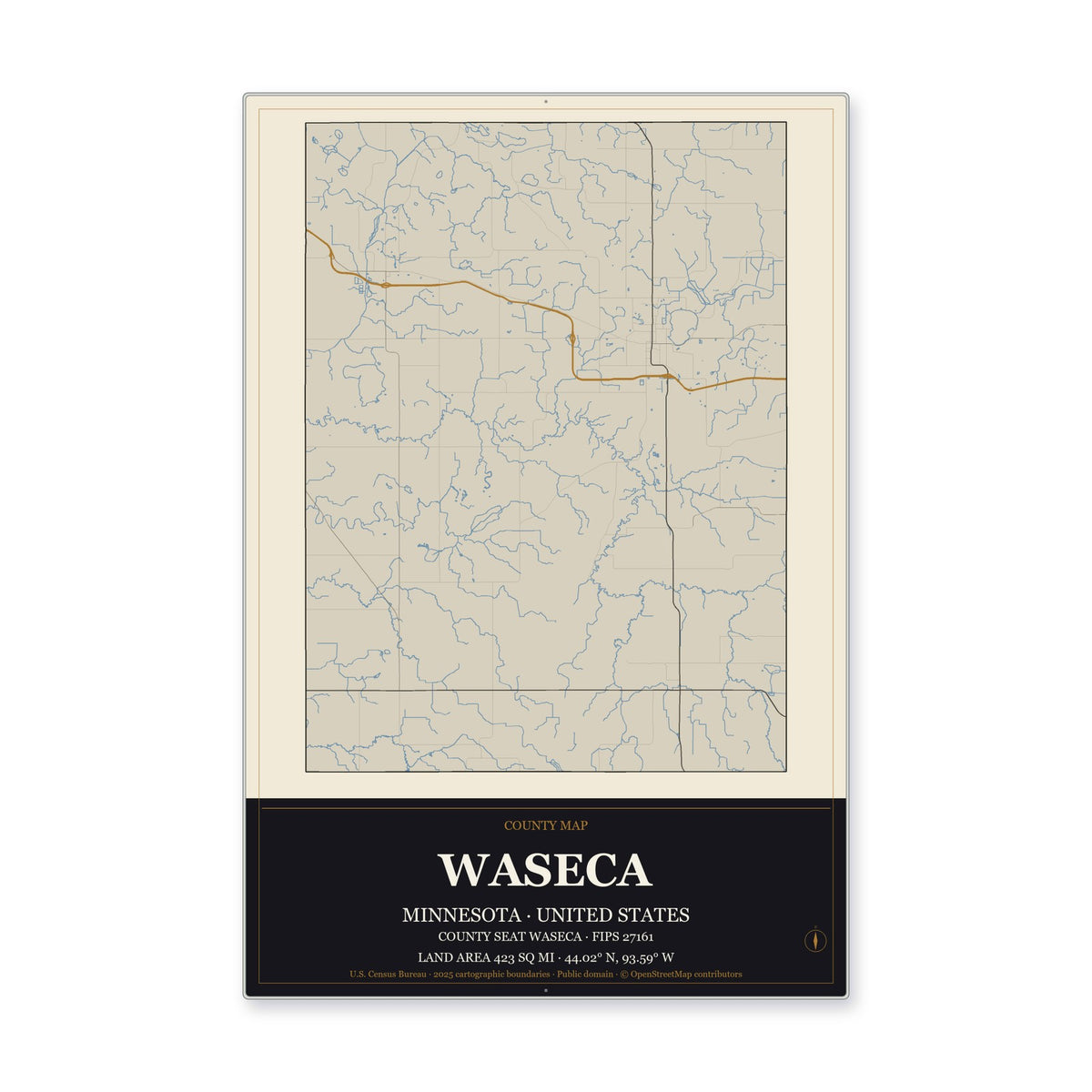 Waseca County, Minnesota Map Aluminum Sign in Museum Plaque style