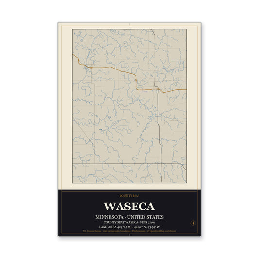 Waseca County, Minnesota Map Aluminum Sign in Museum Plaque style