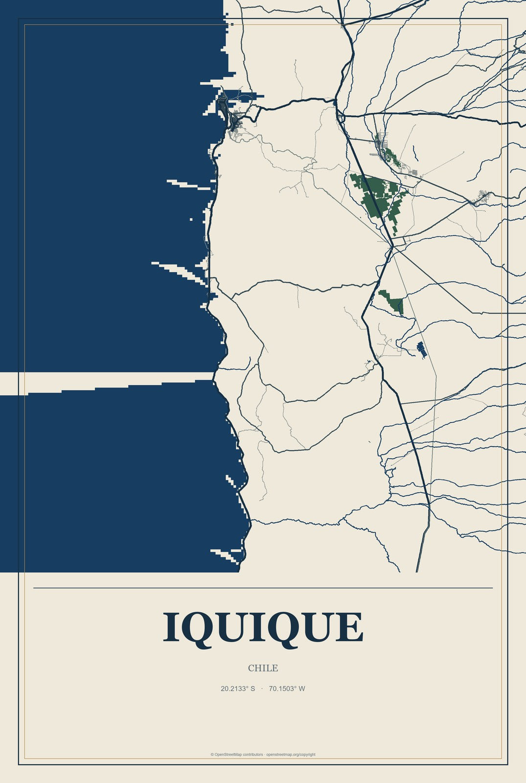 Iquique, Chile City Map Aluminum Sign in Coastal Cutout style