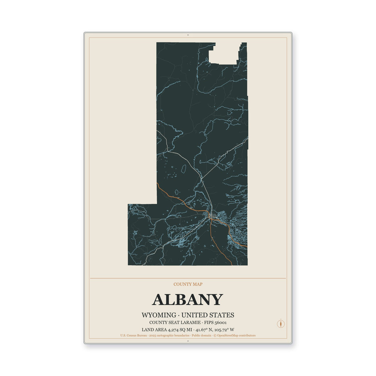 Albany County, Wyoming Map Aluminum Sign in Headline Atlas style