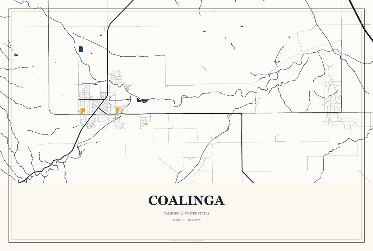Coalinga, California City Map Aluminum Sign in Citrine Modern style