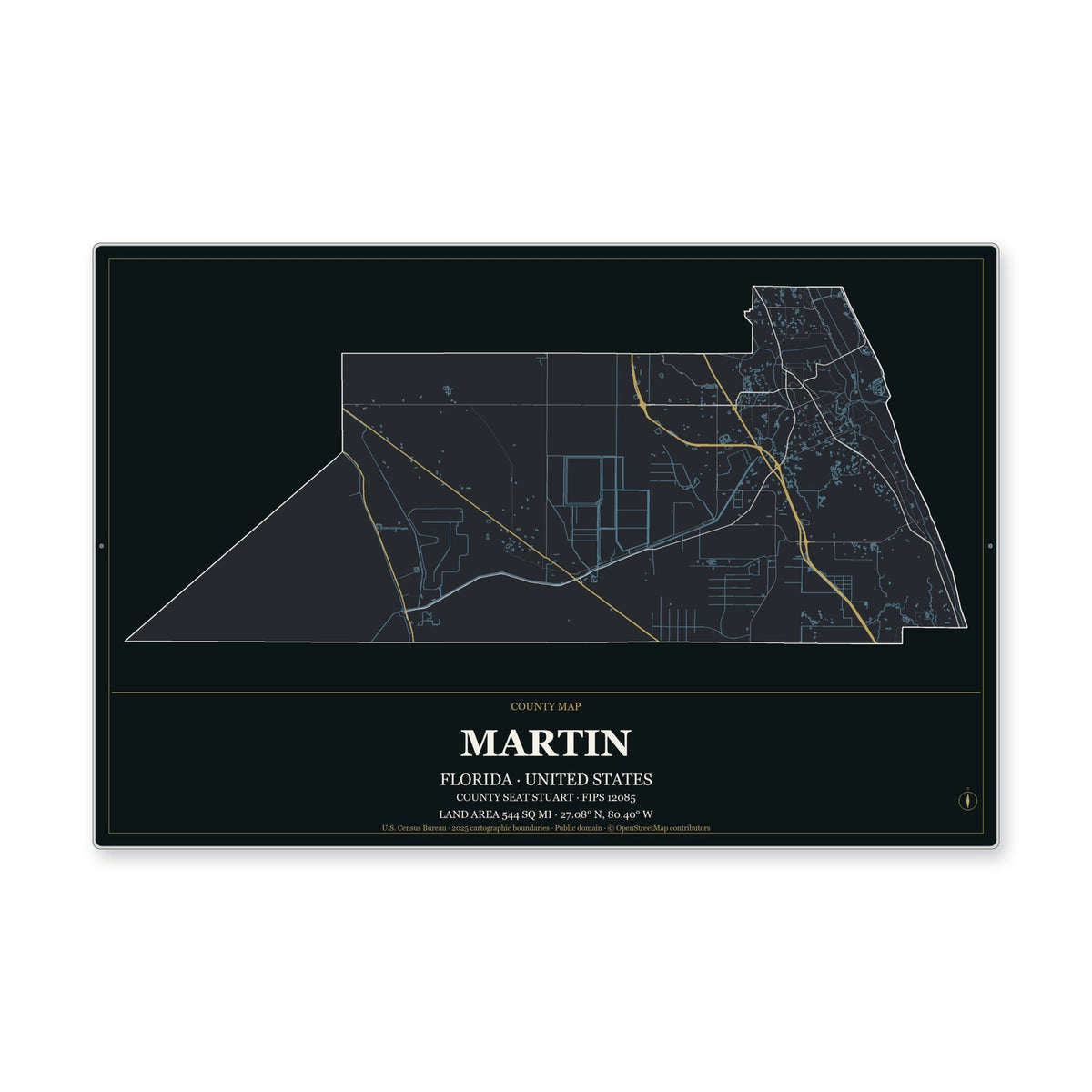 Martin County, Florida Map Aluminum Sign in Metropolitan Noir style