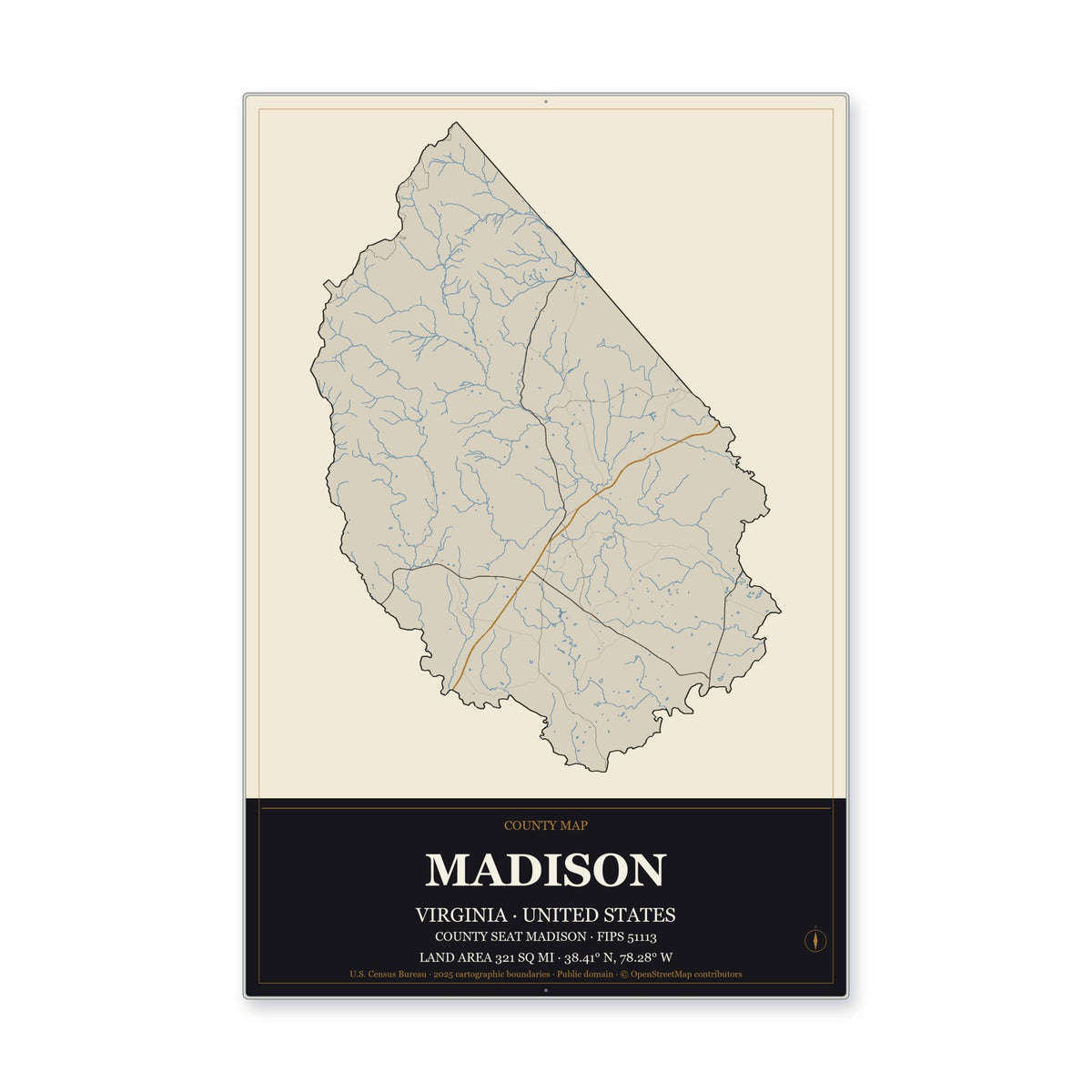 Madison County, Virginia Map Aluminum Sign in Museum Plaque style