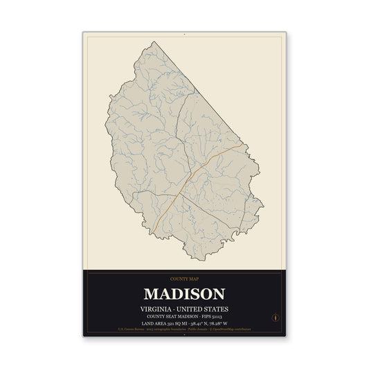 Madison County, Virginia Map Aluminum Sign in Museum Plaque style