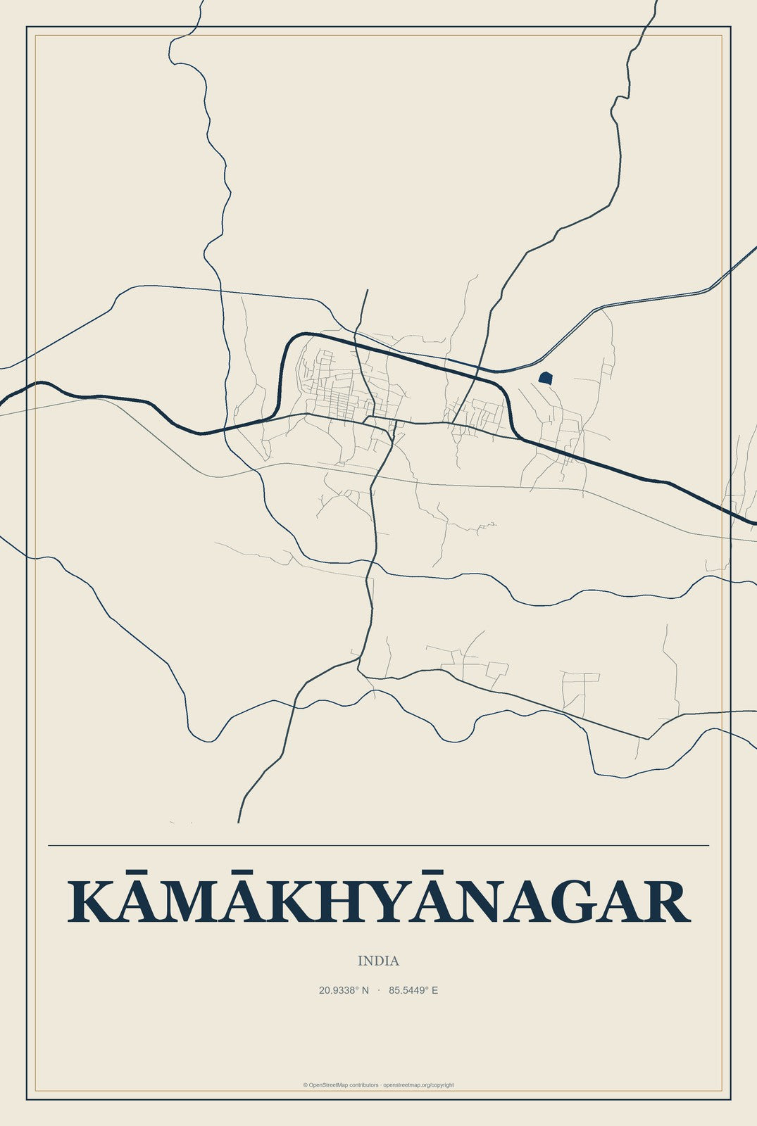 Kāmākhyānagar, India City Map Aluminum Sign in Coastal Cutout style