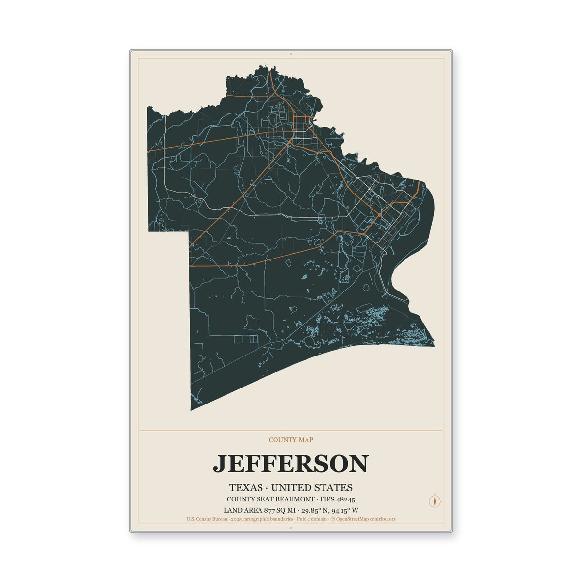 Jefferson County, Texas Map Aluminum Sign in Headline Atlas style