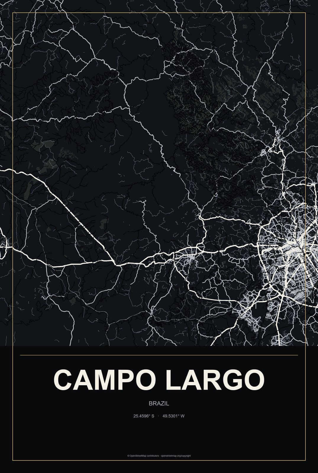 Campo Largo, Brazil City Map Aluminum Sign in Metropolitan Noir style