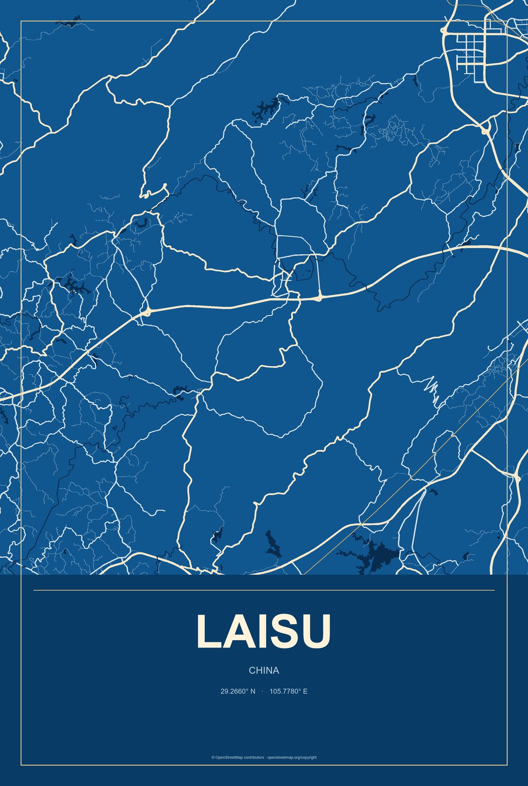 Laisu, China City Map Aluminum Sign in Harbor Cobalt style