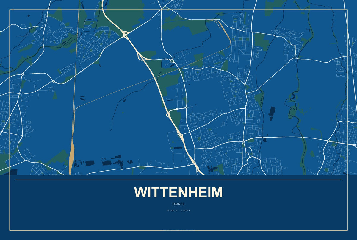 Wittenheim, France City Map Aluminum Sign in Harbor Cobalt style