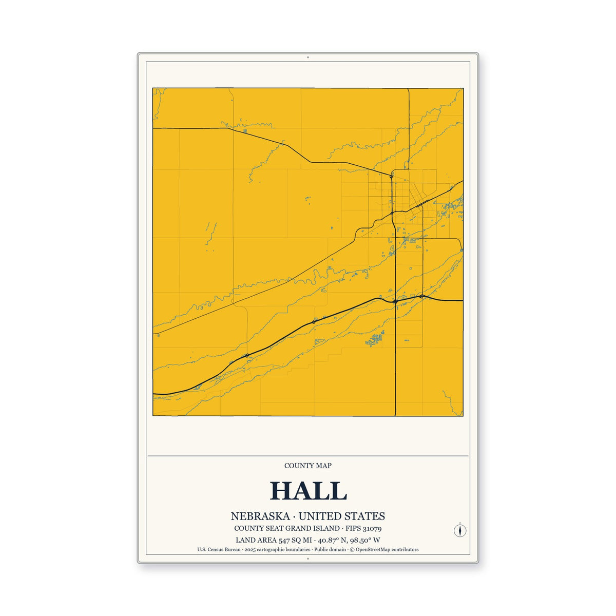Hall County, Nebraska Map Aluminum Sign in Citrine Modern style