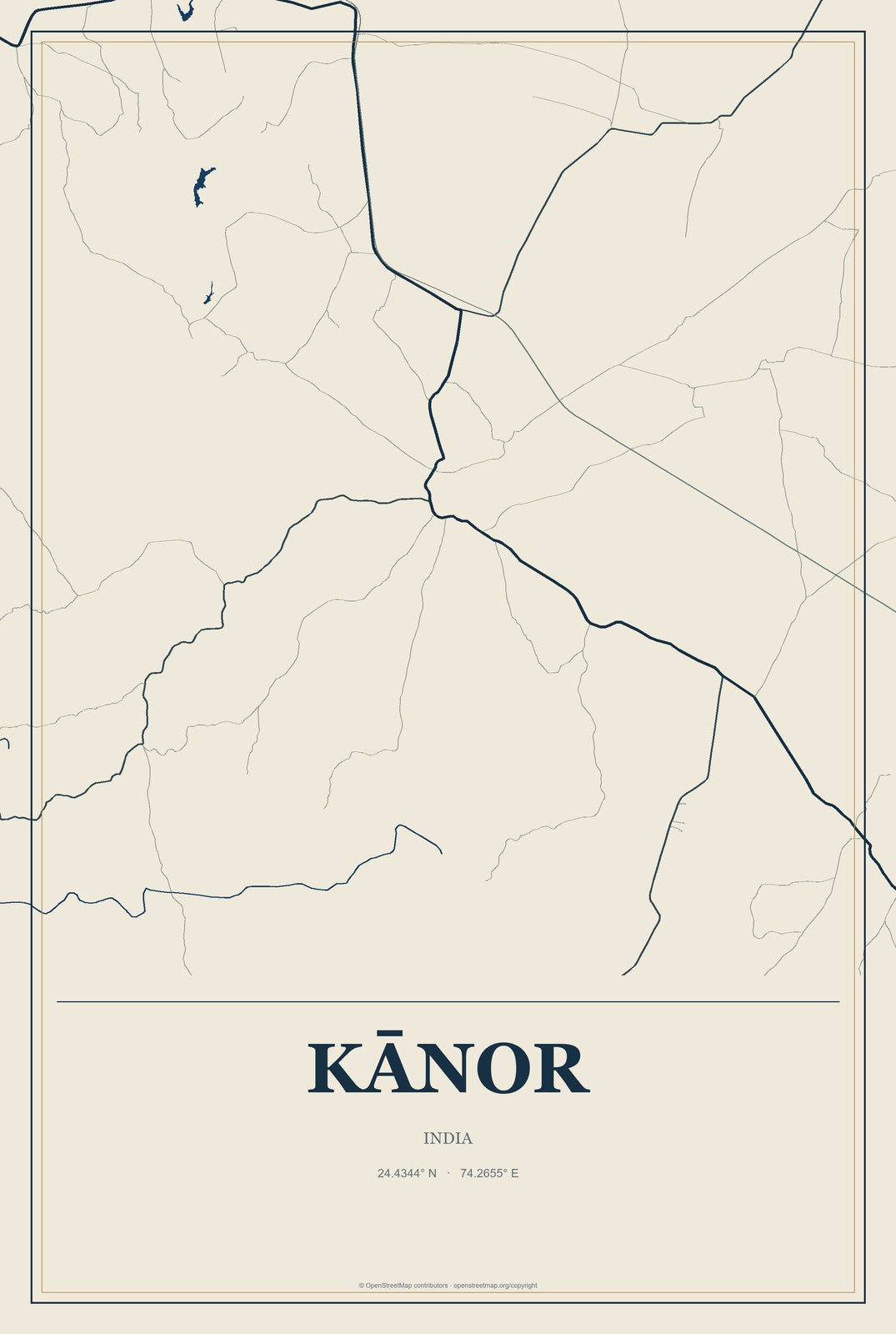 Kānor, India City Map Aluminum Sign in Coastal Cutout style