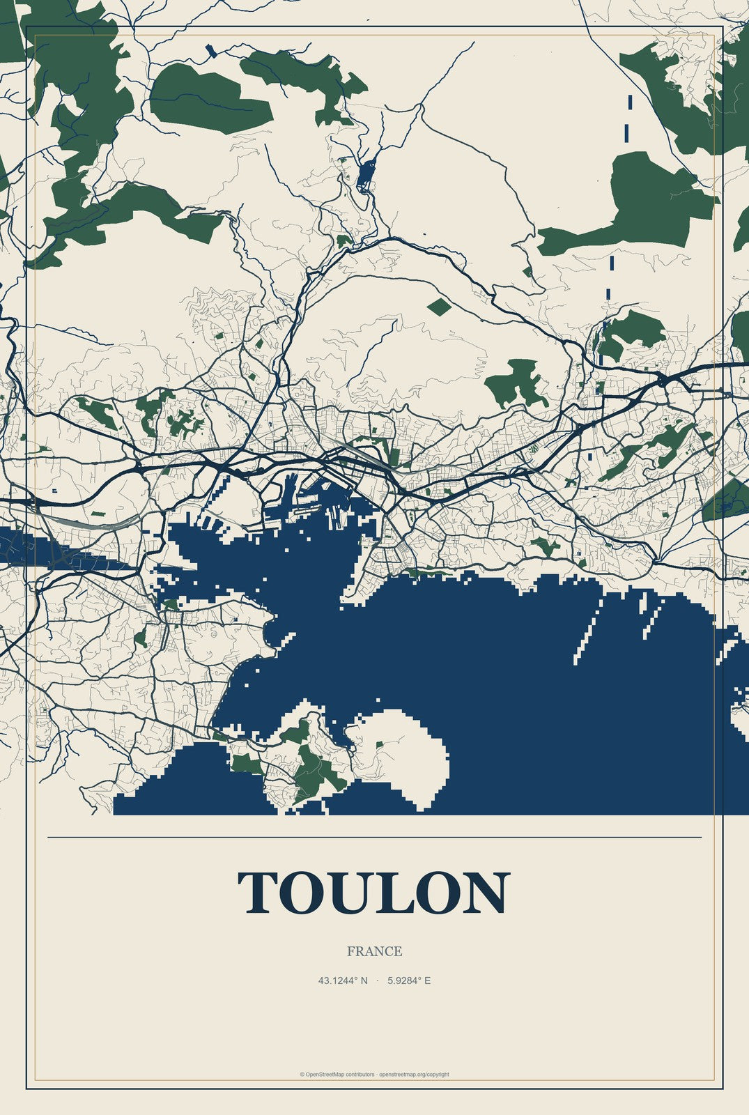 Toulon, France City Map Aluminum Sign in Coastal Cutout style
