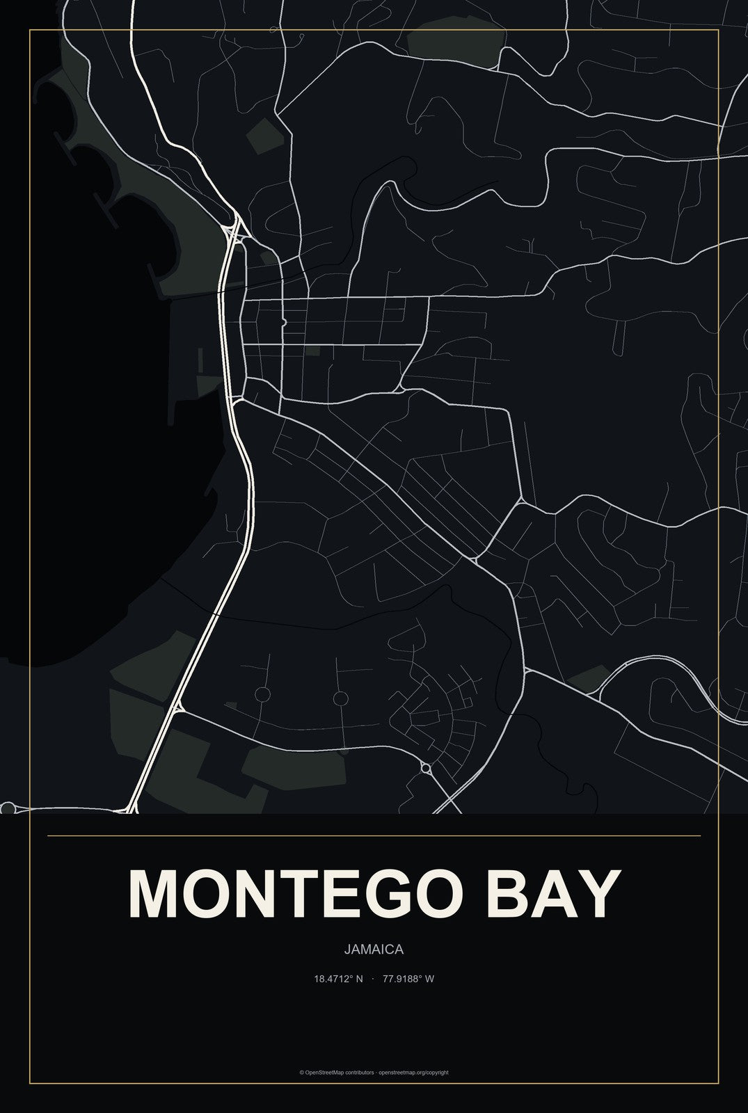 Montego Bay, Jamaica City Map Aluminum Sign in Metropolitan Noir style