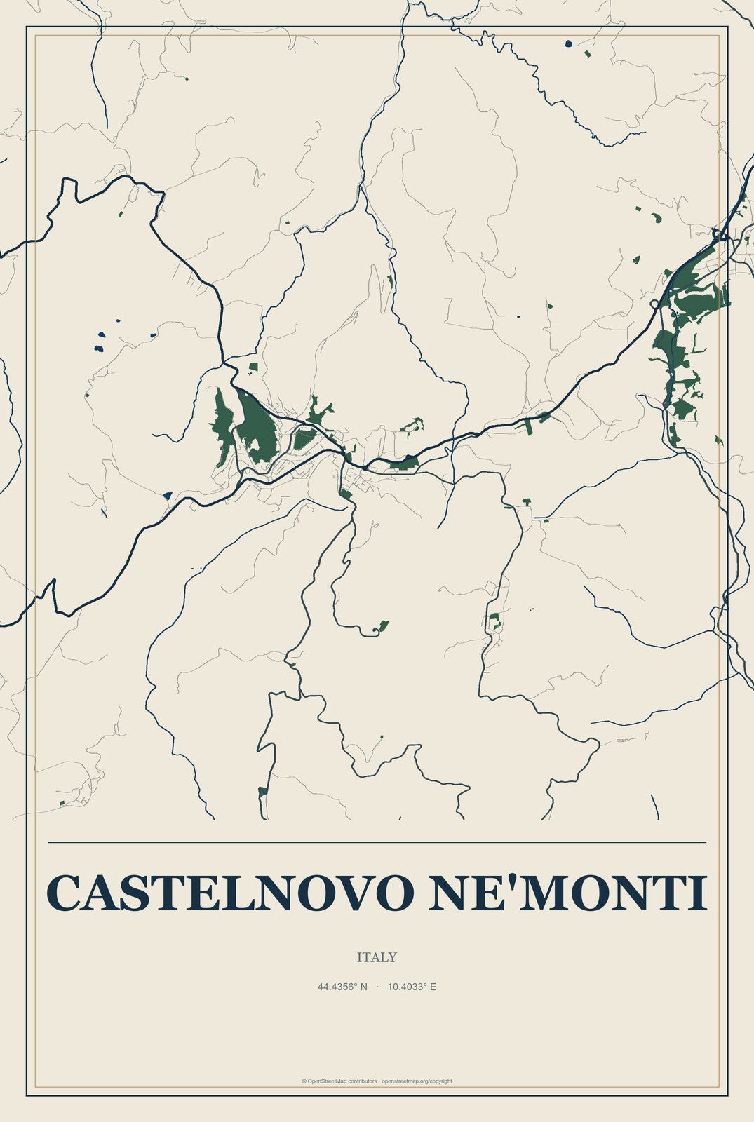 Castelnovo ne'Monti, Italy City Map Aluminum Sign in Coastal Cutout style
