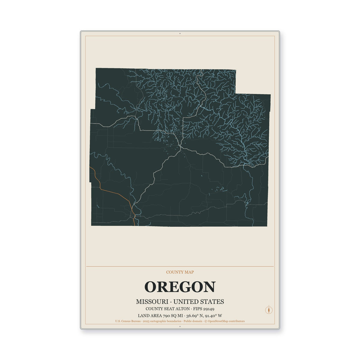 Oregon County, Missouri Map Aluminum Sign in Headline Atlas style