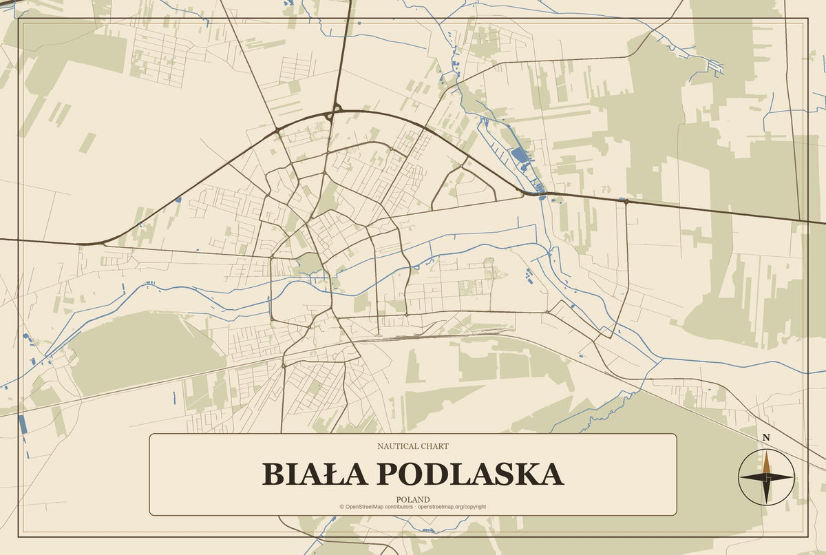 Biała Podlaska, Poland City Map Aluminum Sign in Heritage Nautical style