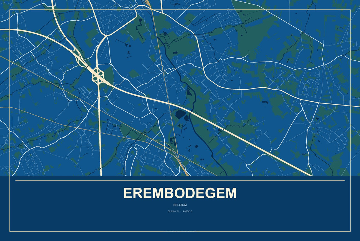 Erembodegem, Belgium City Map Aluminum Sign in Harbor Cobalt style