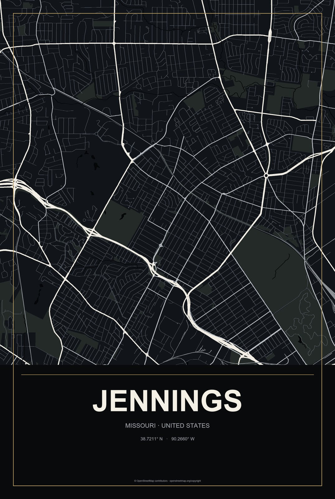 Jennings, Missouri City Map Aluminum Sign in Metropolitan Noir style